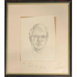 A pencil portrait of John Major, with dedication and signature by John Major, 25x20cm