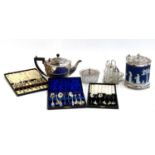 A plated gadrooned teapot, cut glass sugar bowl, plated cruet set 3 cased sets of plated
