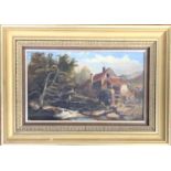 19th century oil on canvas, figures by a watermill, 14.5x25cm