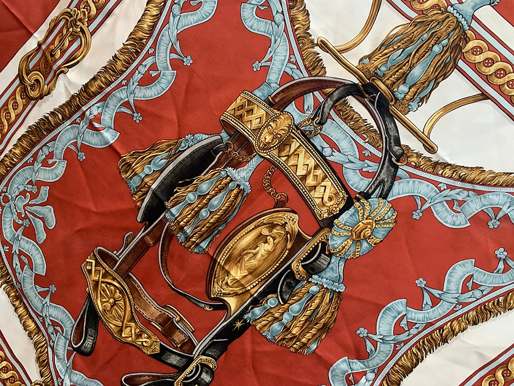 A Hermes 'Bride de Cour' brick red silk scarf, designed by Francoise de la Perriere, 90x90cm - Image 3 of 3