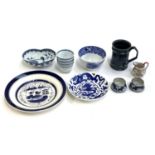 A mixed lot of ceramics to include a pair of silver topped Wedgwood jasperware trinket pots (one