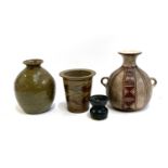 A twin handled Chilean vase, 24.5cmH, together with three studio pottery vases, one stamped MV to