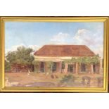 20th century, South African, oil on canvas, chickens and geese outside a dwelling, signed B