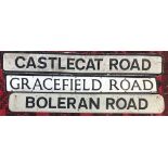 Three metal road signs, 'Castlecat Road', 'Gracefield Road' and 'Boleran Road'