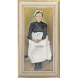 Deborah Spencer, 'Below Stairs', full length portrait of a seated lady, oil on board, 50x22cm