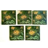 Five Minton style glazed tiles of Dandelions, each 15.5cm square