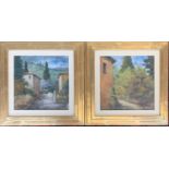 20th century, a pair of Italian landscapes, signed indistinctly, 24x24cm, in stepped giltwood frames