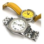 A stainless steel gent's chronograph wrist watch, the yellow dial signed 'Buclin, Geneve';