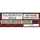 Four metal road signs: Palmerston Road, Deramore Park South, Hazelbrook Drive, Carn