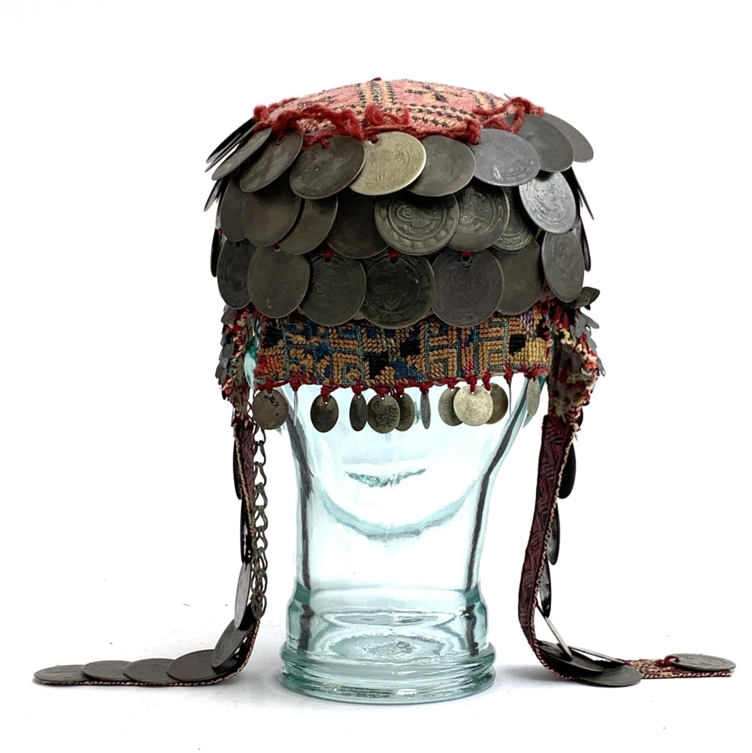 A Palestinian bridal wedding headdress and burqa veil, the woven cap mounted with coins from the - Image 10 of 10