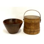 A wooden rice bucket, 34cmH; together with a turned wooden fruit bowl, 30cmD