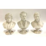 A set of three marble busts of composers: Chopin, Mozart, & Beethoven, the tallest 26cmH