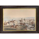 A 19th century hand coloured engraving of a hunt group jumping a river, 35.5x53cm