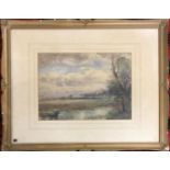 Early 20th century watercolour, man fishing from a punt, watercolour, monogrammed SRR(?), 25x35cm