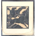 A lino print of running horses, signed indistinctly lower right, 17x17cm