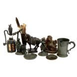 A mixed lot to include hardwood carved figure of a horse, black forest style carving of fox and cubs