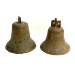 Two fibreglass bells, one reading 'Larnaca', the other 'R. Bush & Co., Emilia 1791, 41cmH and 35cmH