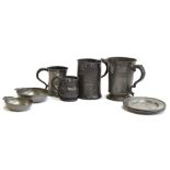 Several pewter items to include Victorian quart measures, porringers etc Provenance: part of the