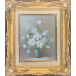 20th century still life of white roses, oil on canvas, signed B Caine lower right, 24x19cm
