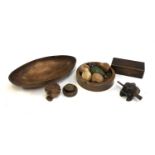 A mixed lot of wooden items to include frog instrument; bowls; wooden fruit etc