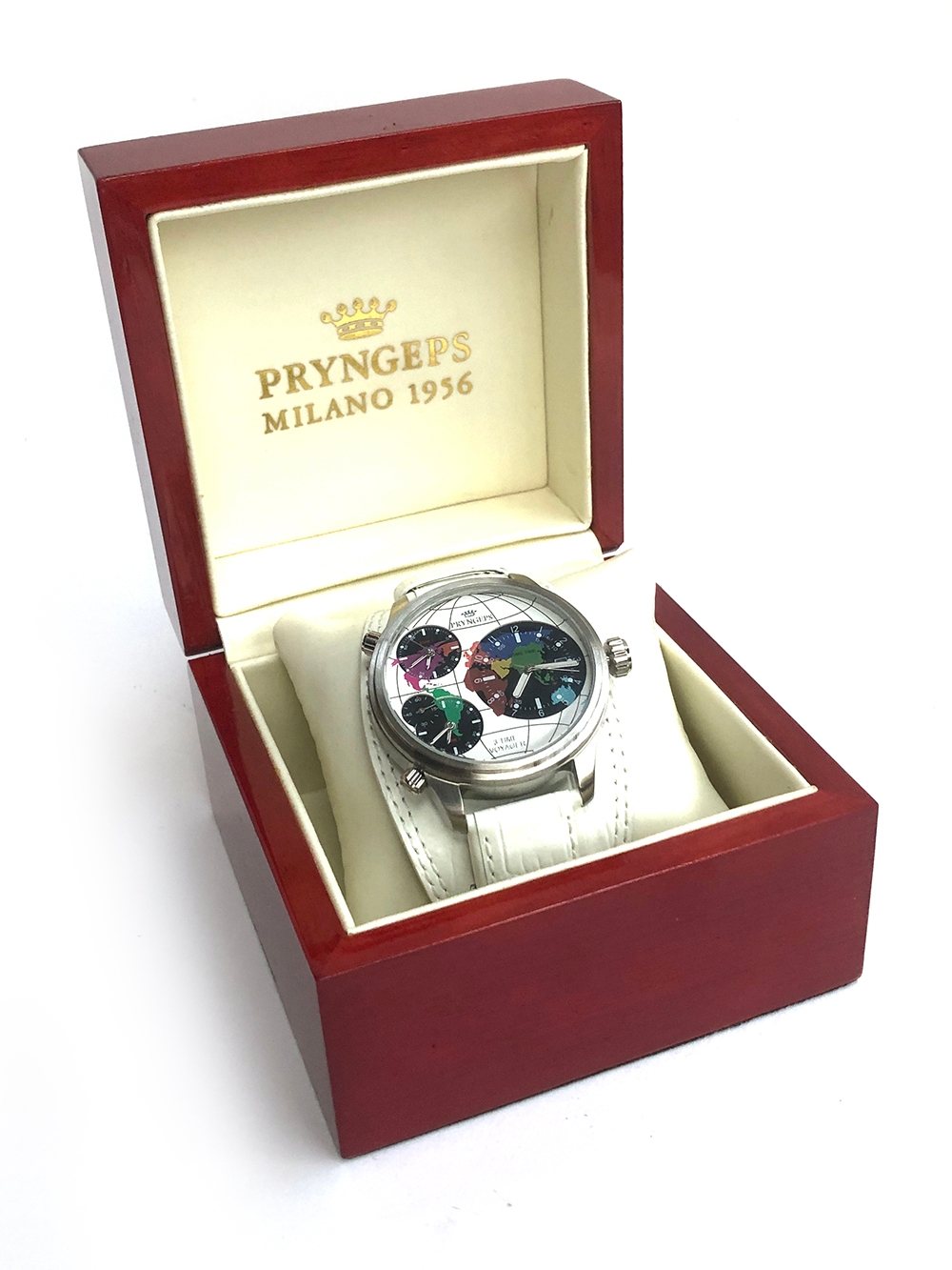 A Pryngeps 3 Time Voyager stainless steel wrist watch, the white dial with four subsidiary dials