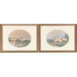 A pair of early 20th century studies of grazing sheep, watercolour on paper, in oval mounts, each