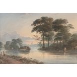 John Varley (1778-1842), watercolour, figures by a lake, signed, 25x31cm