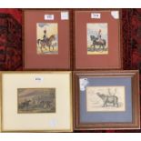 A 19th century coloured hunt engraving, 9.5x15cm; an engraving of a rhino, 10x15.5cm; and a pair