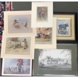 A mixed lot of prints to include reproduction 18th century hippo print; hunt interest etc