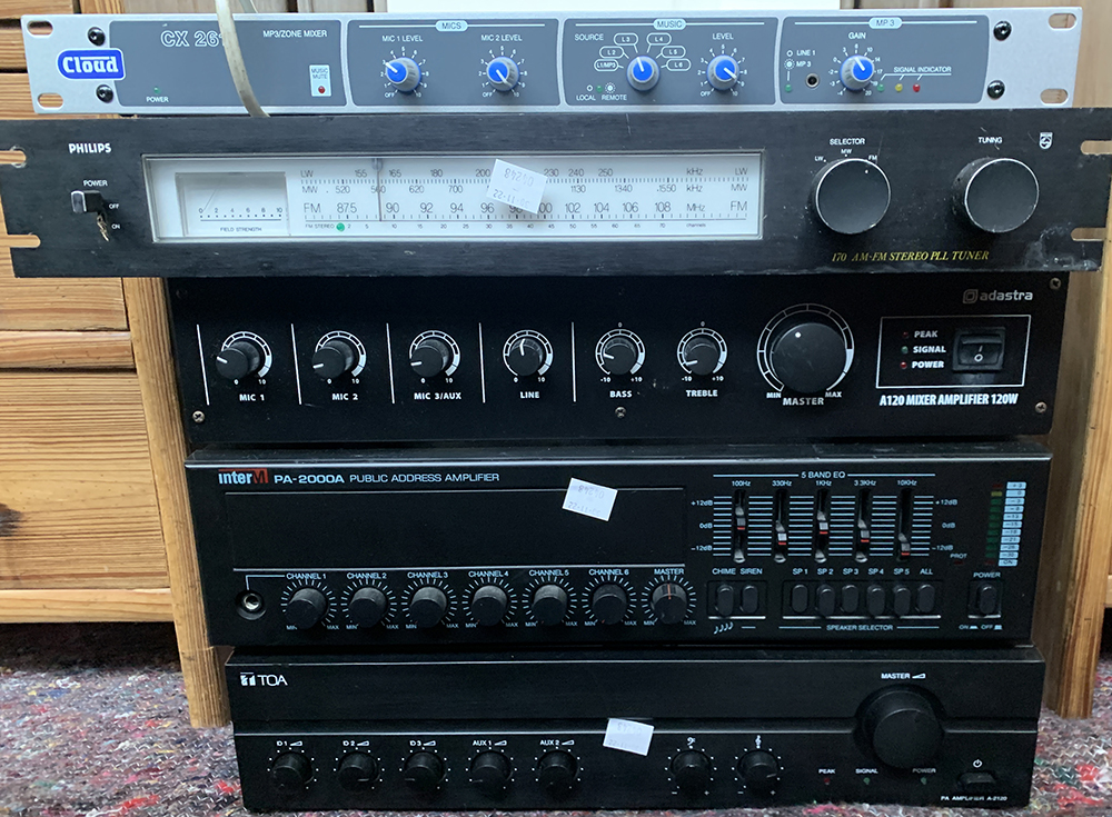 Various audio equipment including a Cloud CX261 zone mixer, a Philips Stereo tuner, an Adastra