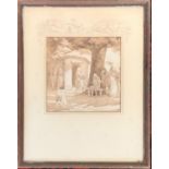 A late 19th/early 20th century pencil and watercolour, depicting village life below an oak tree,