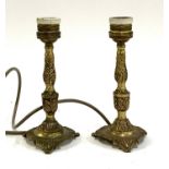 A pair of small brass table lamps, with small pleated shades, 20cmH