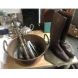 A mixed lot to include a copper pan, brass tray, vintage grease gun and a pair of brown leather