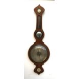 A mahogany banjo barometer thermometer with a central convex mirror, 102cmL