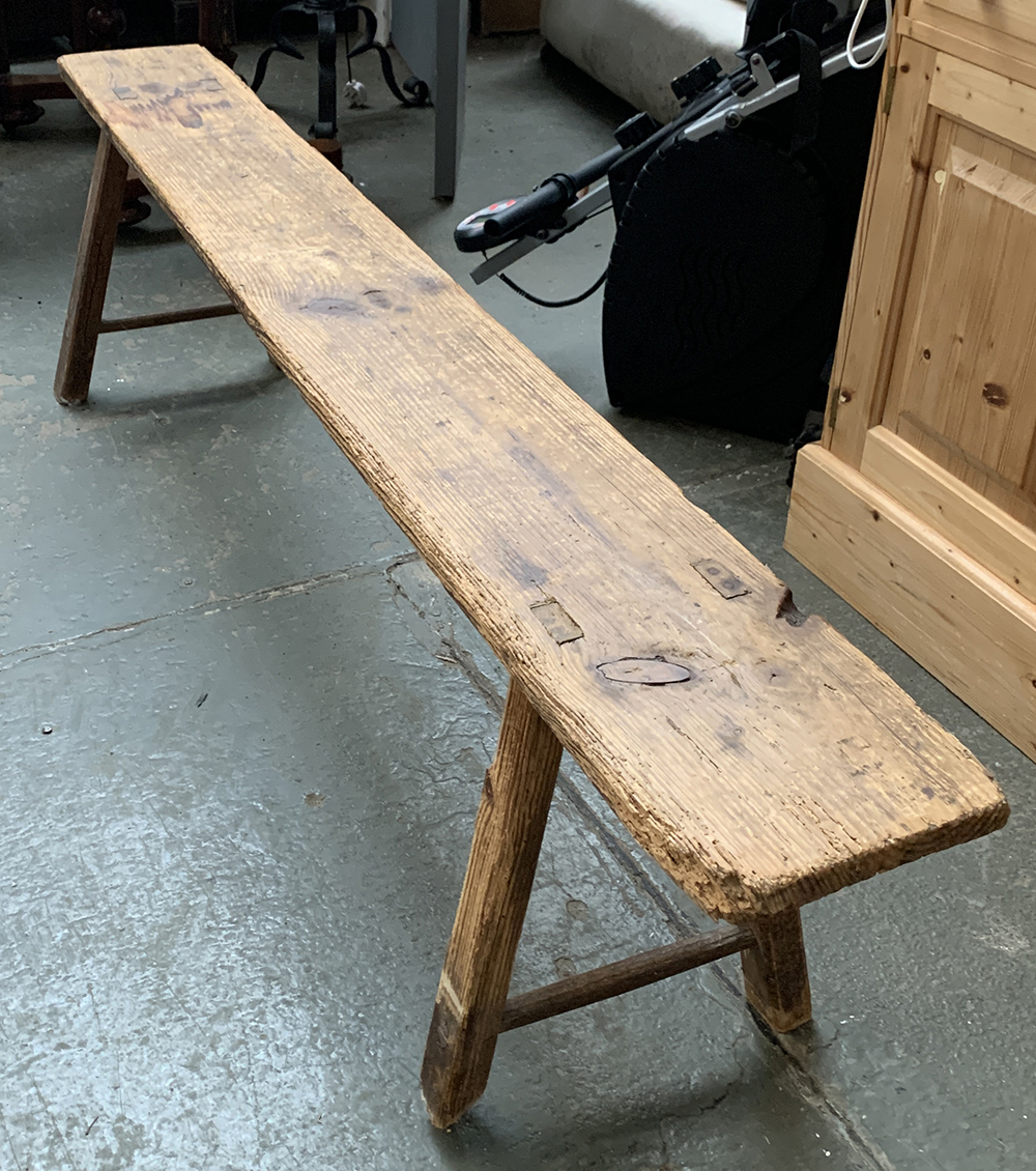 A rustic pine bench, 180cmL 43cmW