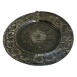 A large pewter charger, engraved with floral motif, 46cmD