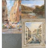 Oil on board, man fishing in a highland landscape, 27.5x34cm; watercolour of Venice, 31x23cm;