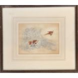 19th century pencil and colourwash, spaniel and pheasant breaking a thicket, 14x18cm