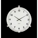 A white painted metal framed electrical wall clock by Gent of Leicester, the white painted dial with