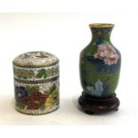 Two small Chinese cloisonne items, one with base, the pot 6cmH