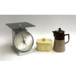A set of kitchen scales, together with a stoneware coffee pot and a Wade butter dish