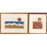 Two Arabian prints, one depicting an Eastern city skyline, the other more abstract, signed in
