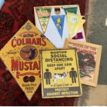 A novelty social distancing sign, together with a reproduction Colman's mustard diamond shaped sign,