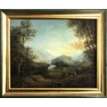 Oil on board, figures in a romantic landscape, 19.5x24.5cm