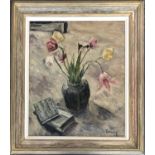 20th century still life of tulips (af), oil on canvas, signed 'R. O. Dunlop' lower right, 60x49.5cm