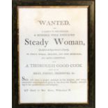 A reproduction 19th century advertisement for a servant, 40x29cm