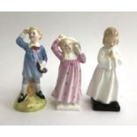 Three Royal Doulton figurines, 'Little Boy Blue', 'Pillow Fight' `(af) and 'Bed time', the tallest