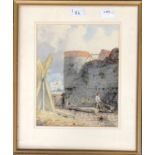 19th century watercolour, man with red hat and a barrow, signed C. Harrison, dated 1874, 27x21.5cm