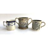 A 19th century God Speede the Plough mug, together with a large blue and white twin handled mug, and