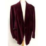 A Jones Chalk & Dawson single breasted claret velvet evening jacket, 1981, size 38-40in